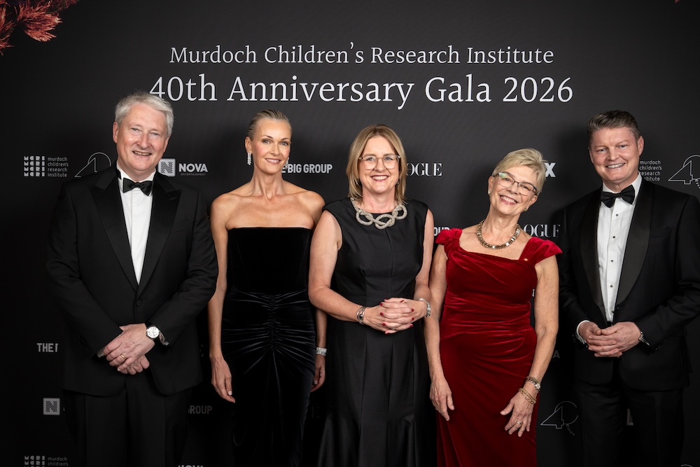 MCRI Chair Patrick Houlihan, Co-Chair Sarah Murdoch, Victorian Premier Jacinta Allan, MCRI Director Prof Kathryn North AC and Deputy Premier and Minister for Medical Research Ben Carroll.